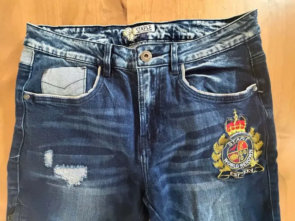Staple Pigeon Brand World Renown Embroidered Distressed Jeans, Size 32